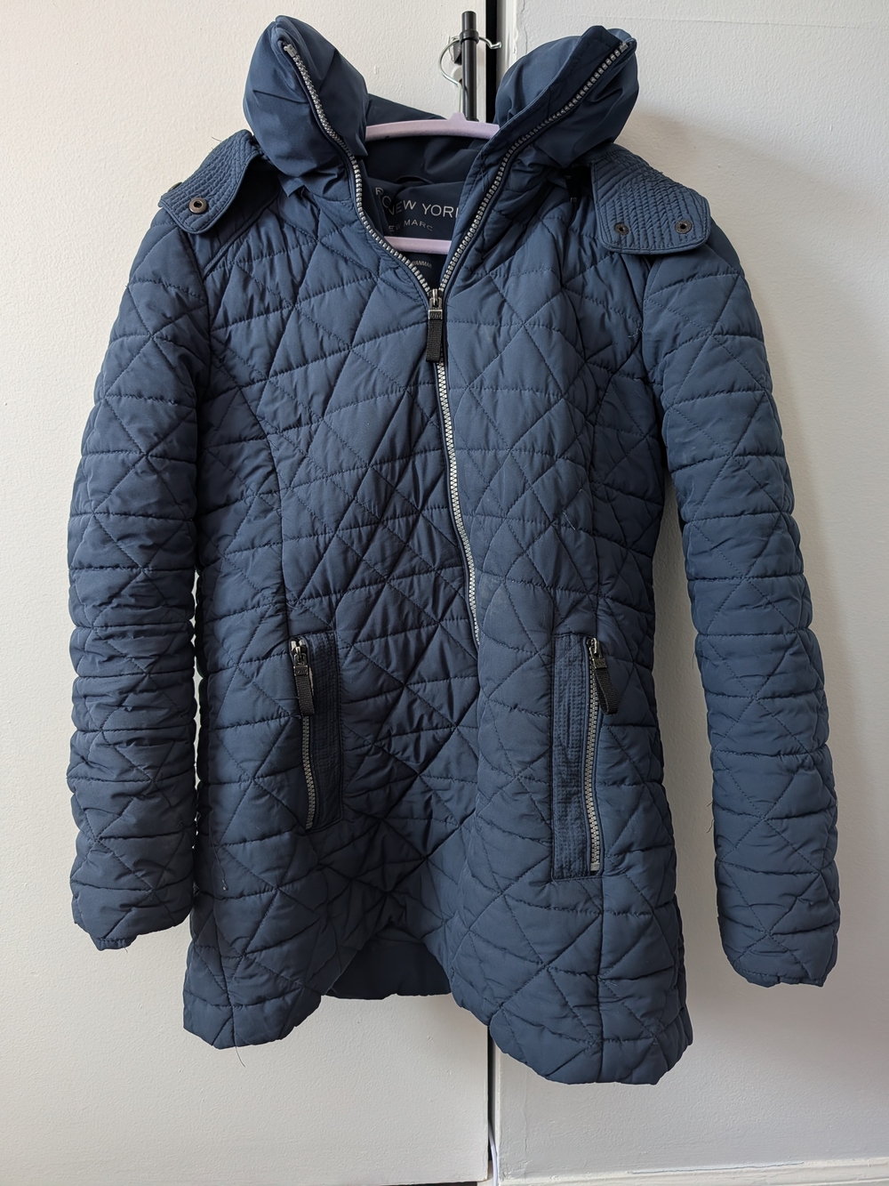 Marc New York Andrew Marc M Slate Blue Quilted Coat Faux Fur Hood